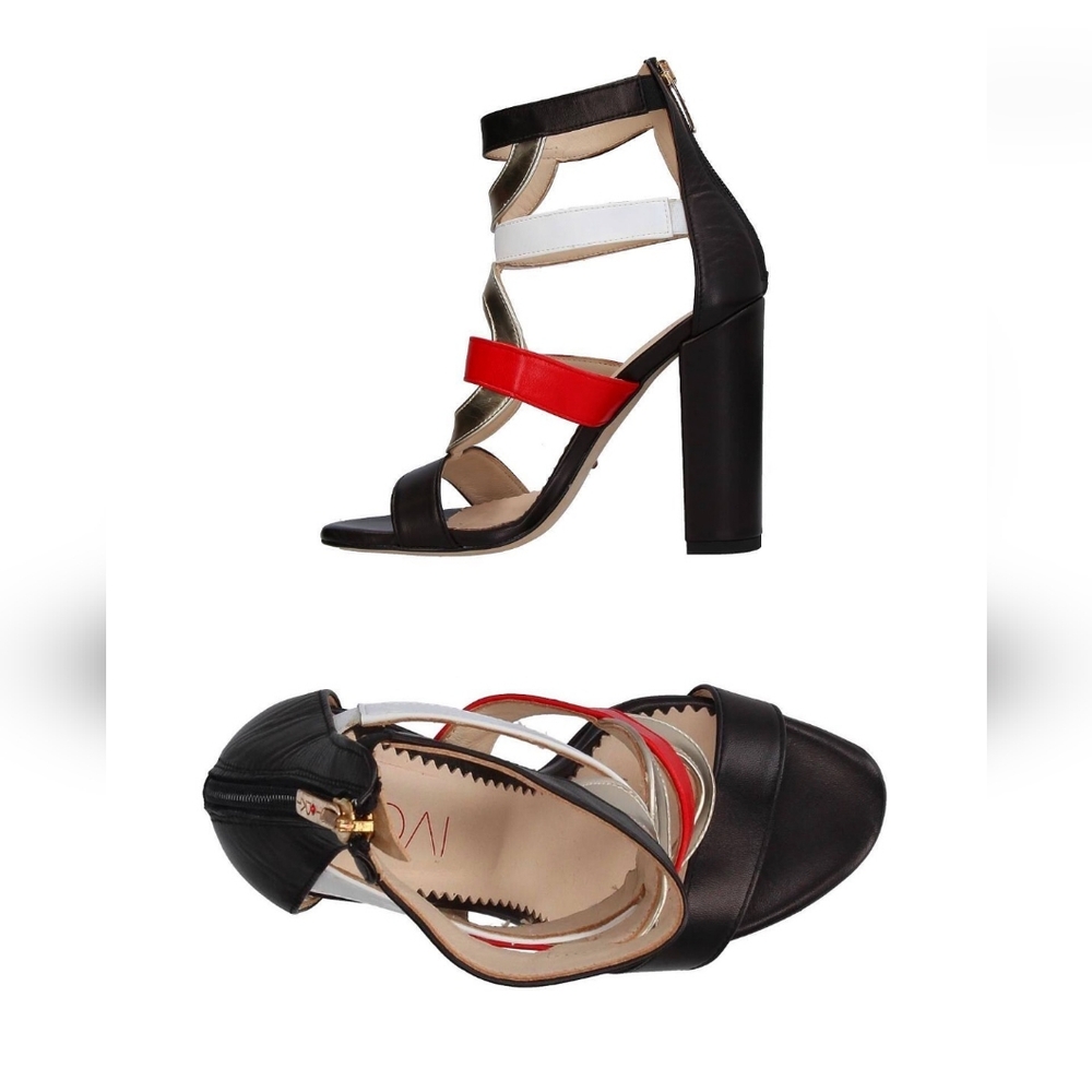 NEW!! TODAI leather cage style sandals in blk/gold/red in size 7.5